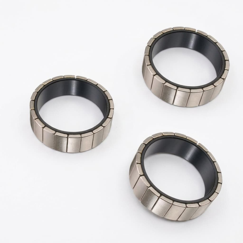 Three segmented NdFeB magnet ring assemblies with dark inner carriers
